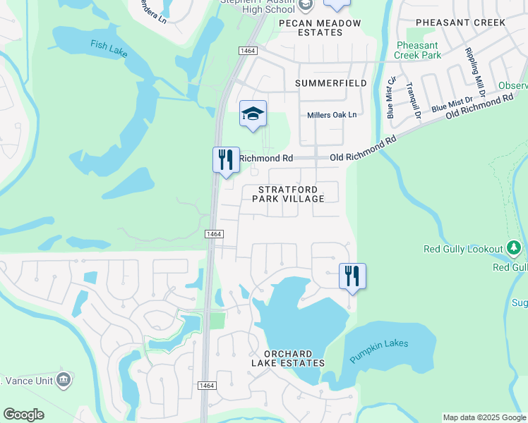 map of restaurants, bars, coffee shops, grocery stores, and more near 12726 Autumn Glen Drive in Sugar Land