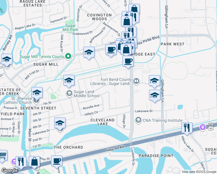 map of restaurants, bars, coffee shops, grocery stores, and more near 722 7th Street in Sugar Land
