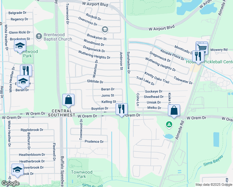map of restaurants, bars, coffee shops, grocery stores, and more near 3103 Beran Drive in Houston