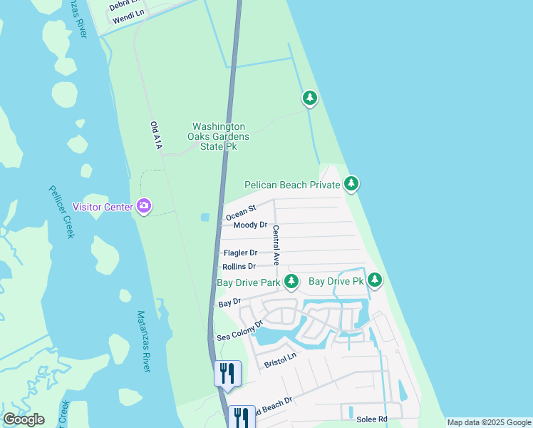 map of restaurants, bars, coffee shops, grocery stores, and more near 19 Ocean Street in Palm Coast