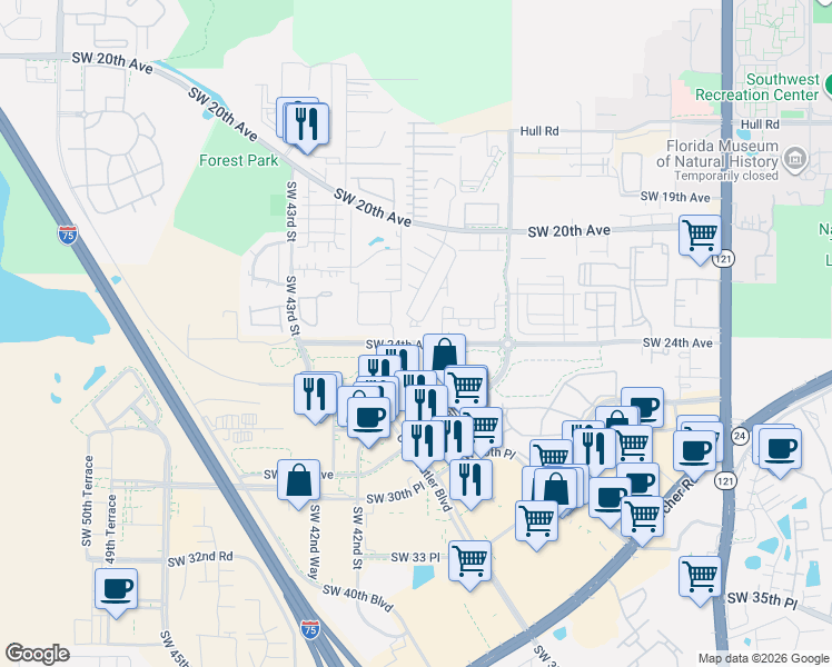 map of restaurants, bars, coffee shops, grocery stores, and more near 2318 Southwest 39 Drive in Gainesville