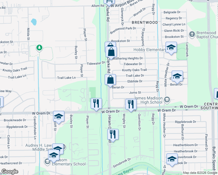 map of restaurants, bars, coffee shops, grocery stores, and more near Hiram Clarke Road in Houston