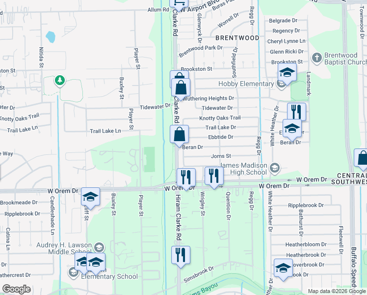map of restaurants, bars, coffee shops, grocery stores, and more near Melcher Drive in Houston