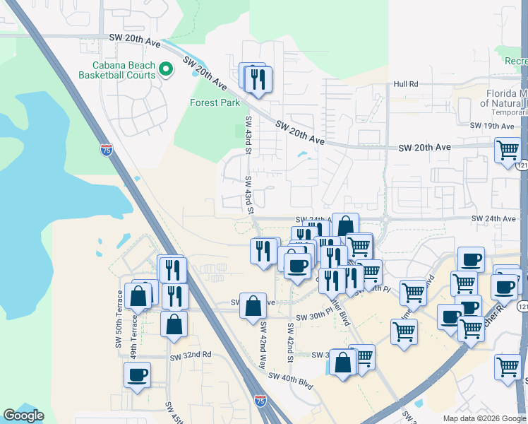 map of restaurants, bars, coffee shops, grocery stores, and more near 2362 Southwest 42nd Way in Gainesville