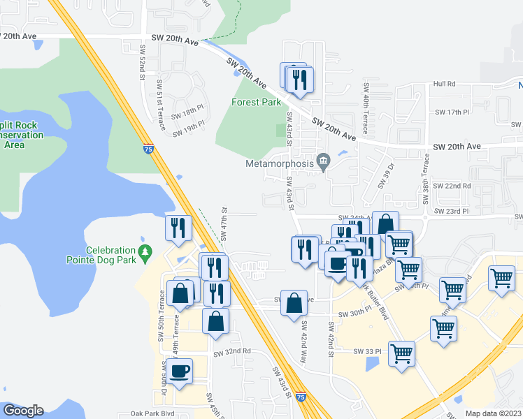 map of restaurants, bars, coffee shops, grocery stores, and more near 2300 Southwest 43rd Street in Gainesville