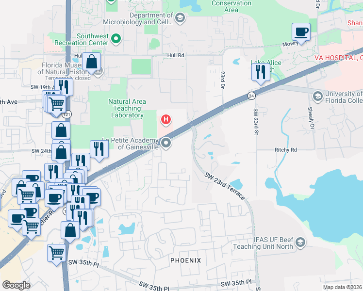 map of restaurants, bars, coffee shops, grocery stores, and more near 2601 Southwest Archer Road in Gainesville
