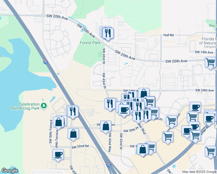 map of restaurants, bars, coffee shops, grocery stores, and more near 2362 Southwest 42nd Way in Gainesville
