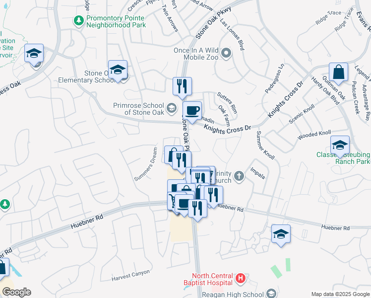 map of restaurants, bars, coffee shops, grocery stores, and more near 19275 Stone Oak Parkway in San Antonio