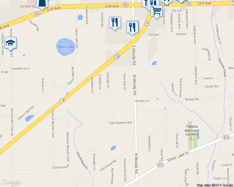 map of restaurants, bars, coffee shops, grocery stores, and more near 107 Carriage Place in Palatka