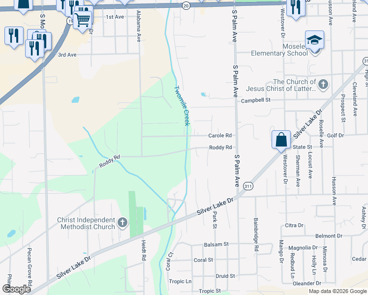 map of restaurants, bars, coffee shops, grocery stores, and more near 138 Roddy Road in Palatka