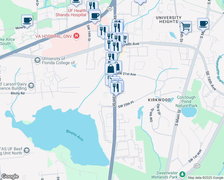 map of restaurants, bars, coffee shops, grocery stores, and more near 2212-2216 Southwest 13th Street in Gainesville