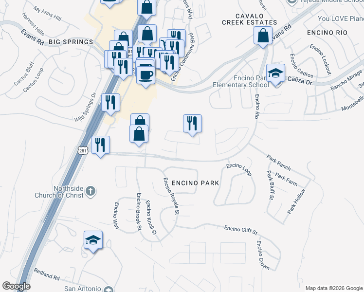 map of restaurants, bars, coffee shops, grocery stores, and more near 1940 Creek Hollow in San Antonio