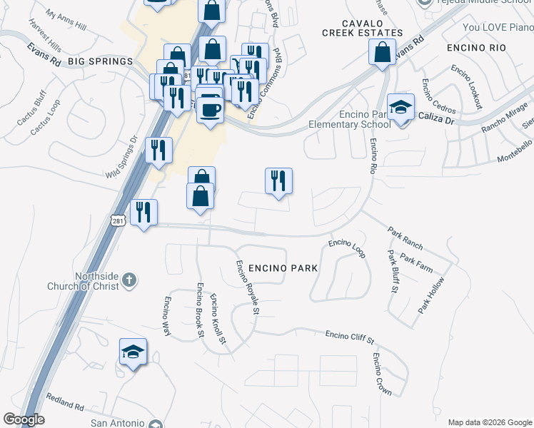 map of restaurants, bars, coffee shops, grocery stores, and more near 1940 Creek Hollow in San Antonio