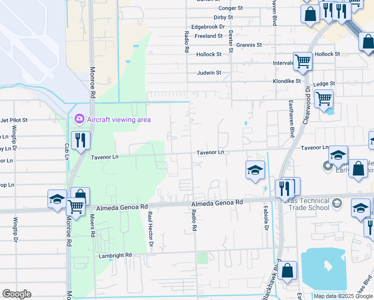 map of restaurants, bars, coffee shops, grocery stores, and more near 9443 Radio Road in Houston