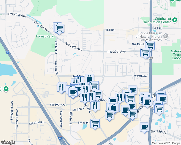map of restaurants, bars, coffee shops, grocery stores, and more near 3940 Southwest 24th Avenue in Gainesville
