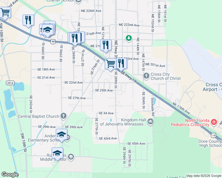 map of restaurants, bars, coffee shops, grocery stores, and more near 53 Southeast 286 Street in Cross City