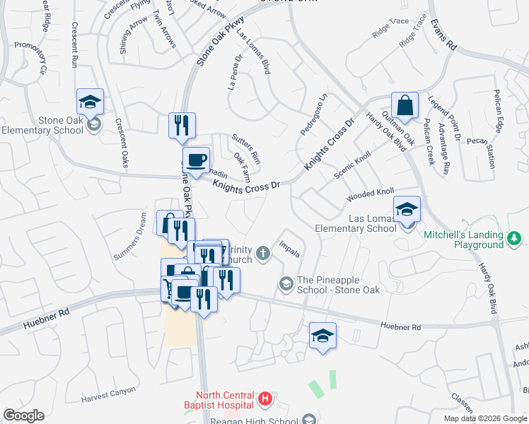 map of restaurants, bars, coffee shops, grocery stores, and more near 20311 Grail Quest in San Antonio