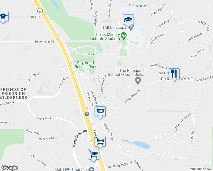 map of restaurants, bars, coffee shops, grocery stores, and more near 20310 Carrie Louise Street in San Antonio