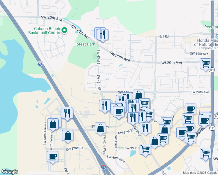 map of restaurants, bars, coffee shops, grocery stores, and more near 4210 Southwest 24th Avenue in Gainesville