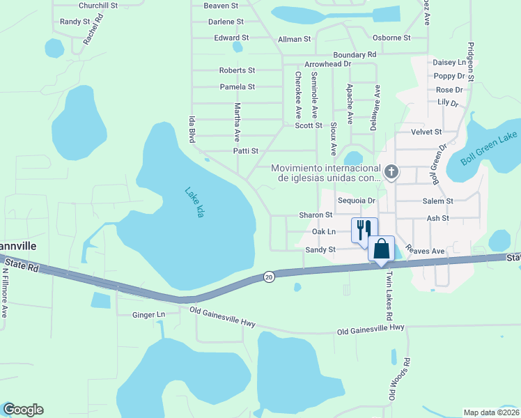 map of restaurants, bars, coffee shops, grocery stores, and more near 123 Ida Boulevard in Interlachen