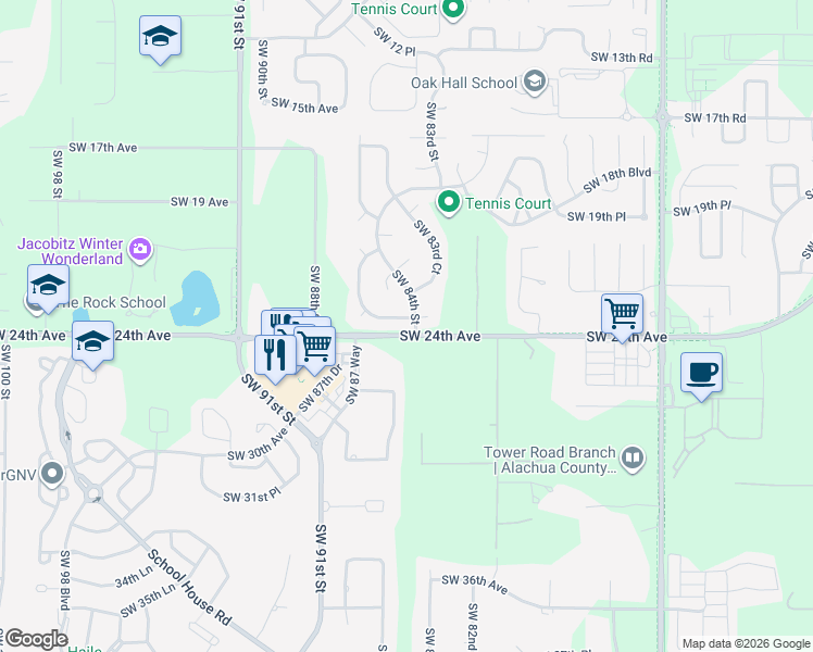 map of restaurants, bars, coffee shops, grocery stores, and more near 8421 Southwest 23rd Place in Gainesville