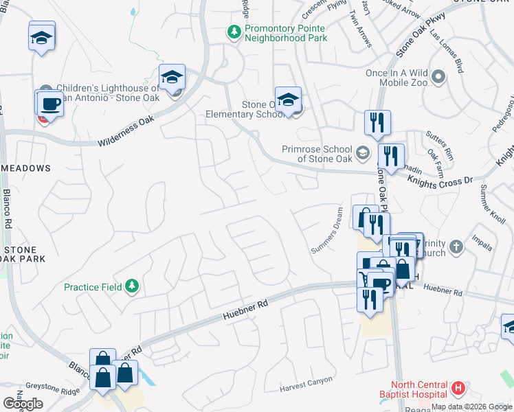 map of restaurants, bars, coffee shops, grocery stores, and more near 510 Lorimor Court in San Antonio