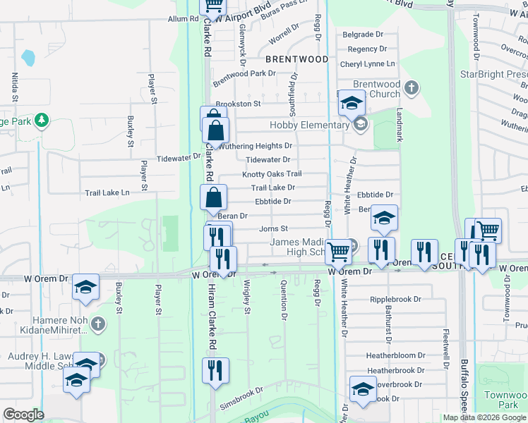 map of restaurants, bars, coffee shops, grocery stores, and more near 4318 Beran Drive in Houston