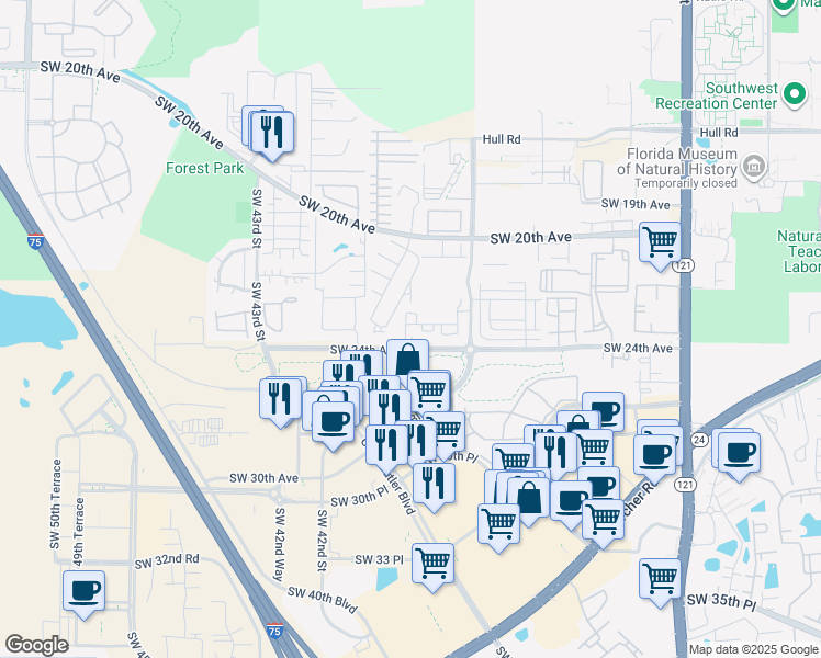 map of restaurants, bars, coffee shops, grocery stores, and more near 3940 Southwest 24th Avenue in Gainesville