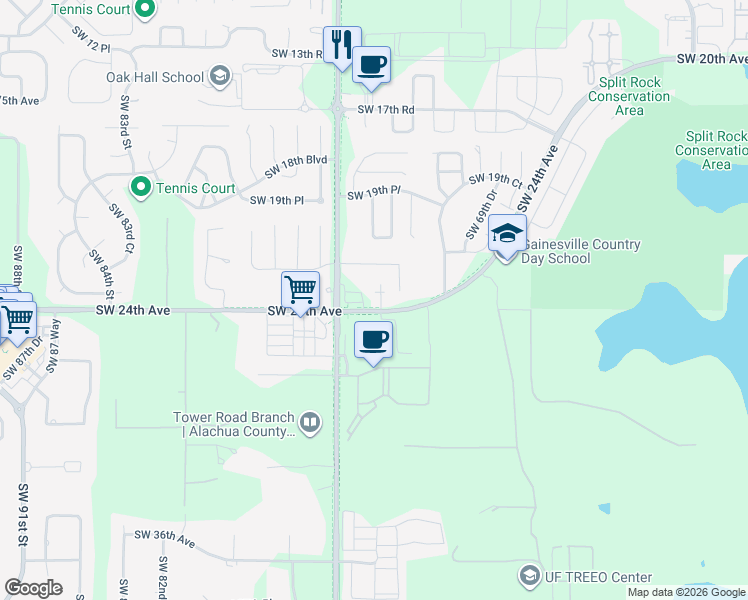 map of restaurants, bars, coffee shops, grocery stores, and more near 2337 Southwest 73rd Terrace in Gainesville