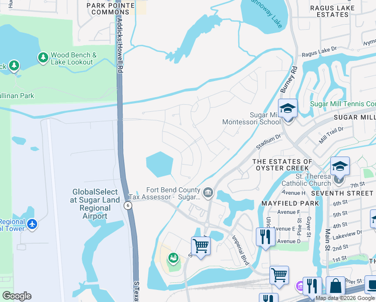 map of restaurants, bars, coffee shops, grocery stores, and more near 66 Scepter Run in Sugar Land