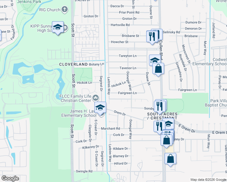 map of restaurants, bars, coffee shops, grocery stores, and more near 4111 Fairgreen Lane in Houston