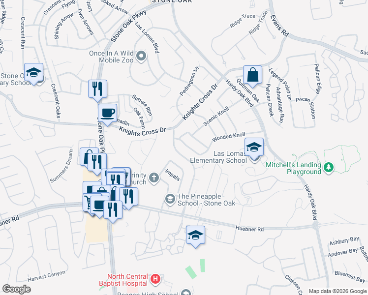 map of restaurants, bars, coffee shops, grocery stores, and more near 18031 Shady Knoll in San Antonio