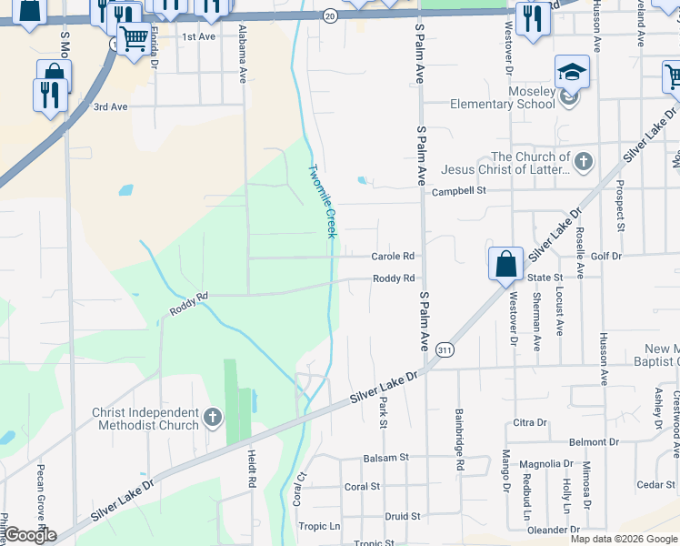map of restaurants, bars, coffee shops, grocery stores, and more near 138 Roddy Road in Palatka