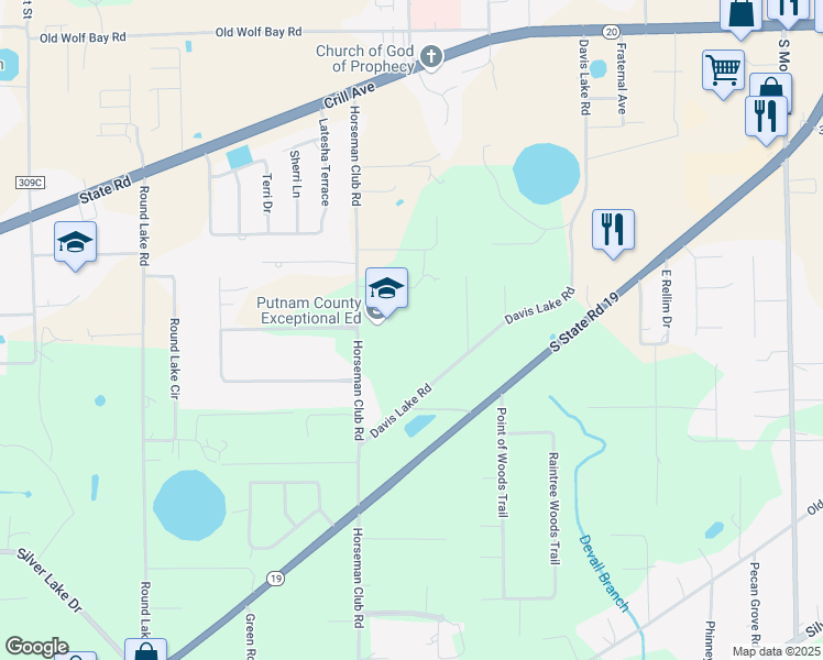 map of restaurants, bars, coffee shops, grocery stores, and more near 156 Horseman Club Road in Palatka