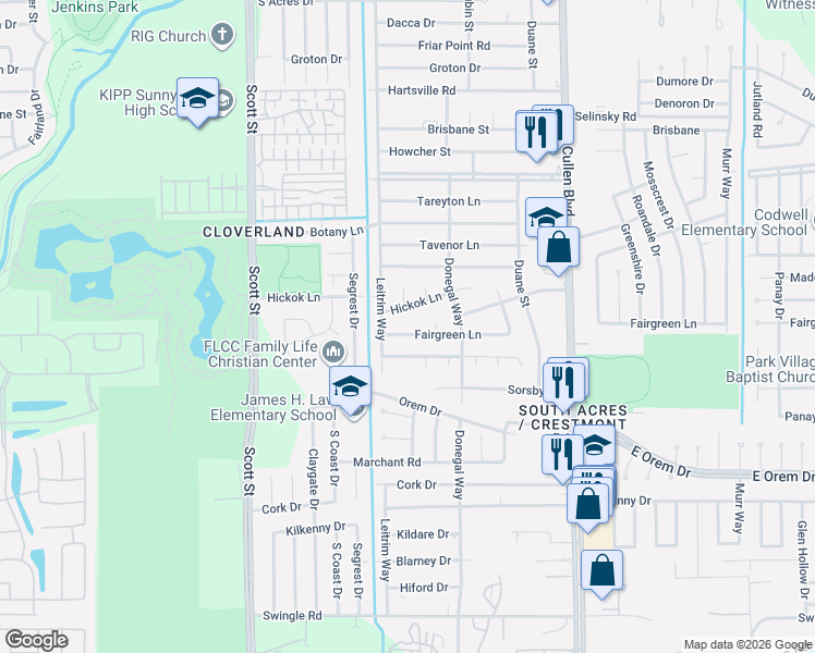 map of restaurants, bars, coffee shops, grocery stores, and more near 4111 Fairgreen Lane in Houston