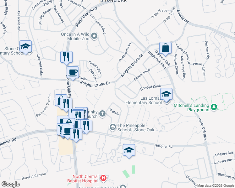 map of restaurants, bars, coffee shops, grocery stores, and more near 18031 Shady Knoll in San Antonio