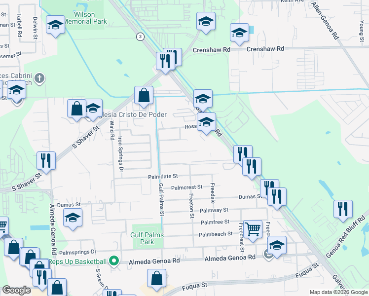 map of restaurants, bars, coffee shops, grocery stores, and more near 12123 Palmton Street in Houston
