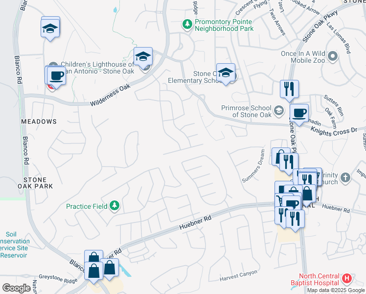 map of restaurants, bars, coffee shops, grocery stores, and more near 20402 Cliff Park Lane in San Antonio