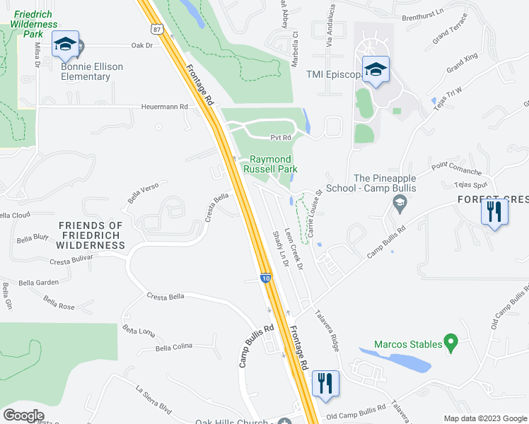 map of restaurants, bars, coffee shops, grocery stores, and more near 20305 Shady Lane Drive in San Antonio