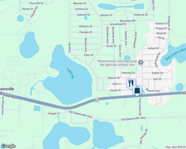 map of restaurants, bars, coffee shops, grocery stores, and more near 123 Ida Boulevard in Interlachen