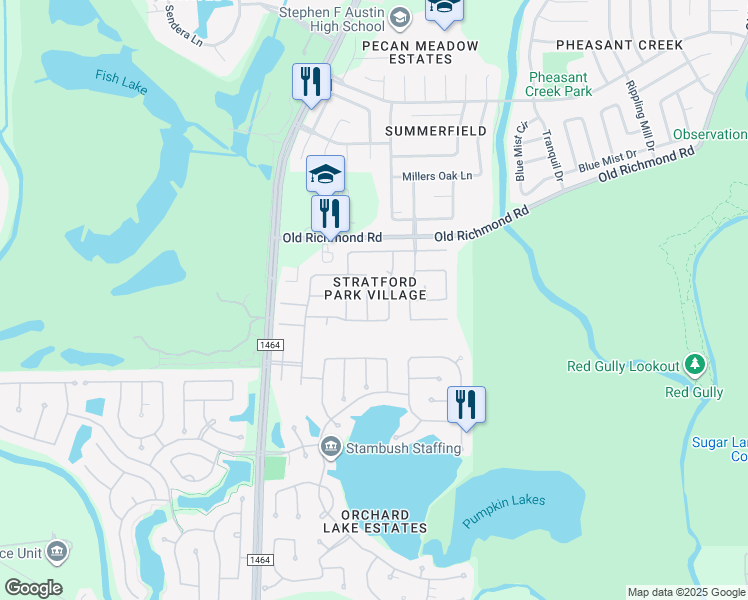 map of restaurants, bars, coffee shops, grocery stores, and more near 12706 Orchard Summit Drive in Sugar Land