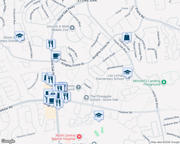 map of restaurants, bars, coffee shops, grocery stores, and more near 18031 Shady Knoll in San Antonio