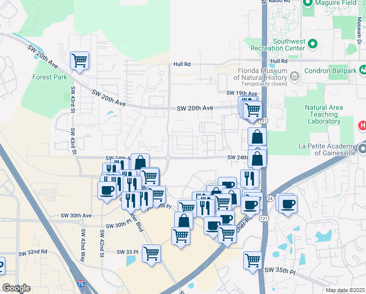 map of restaurants, bars, coffee shops, grocery stores, and more near 3801 Southwest 22nd Place in Gainesville