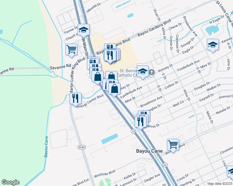 map of restaurants, bars, coffee shops, grocery stores, and more near 6057 West Park Avenue in Houma