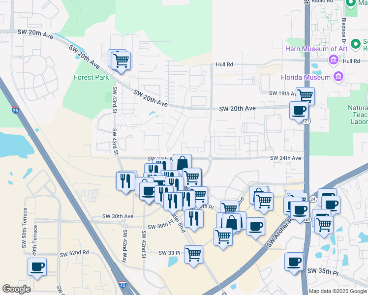 map of restaurants, bars, coffee shops, grocery stores, and more near 3940 Southwest 24th Avenue in Gainesville