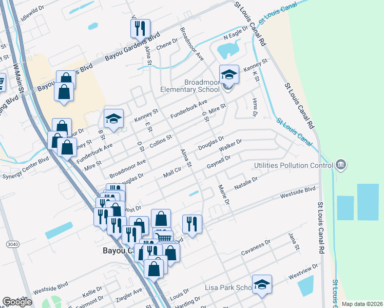 map of restaurants, bars, coffee shops, grocery stores, and more near 406 Douglas Drive in Houma