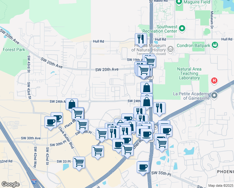 map of restaurants, bars, coffee shops, grocery stores, and more near SW 37th Way in Gainesville