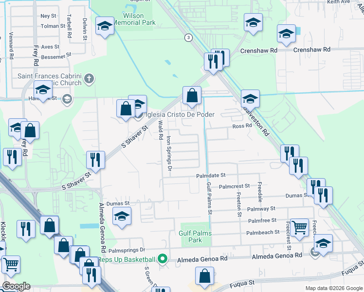 map of restaurants, bars, coffee shops, grocery stores, and more near 11806 Kewalo Basin Lane in Houston