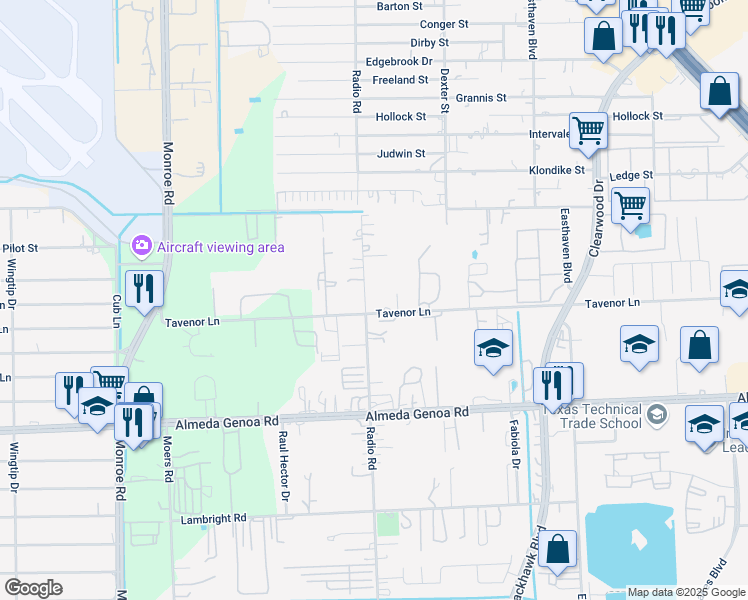 map of restaurants, bars, coffee shops, grocery stores, and more near 9443 Radio Road in Houston