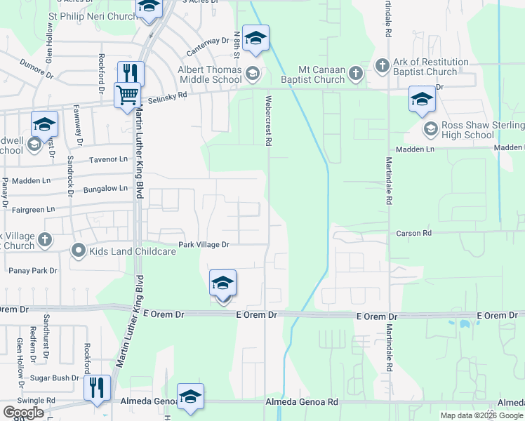 map of restaurants, bars, coffee shops, grocery stores, and more near 12015 Webercrest Road in Houston